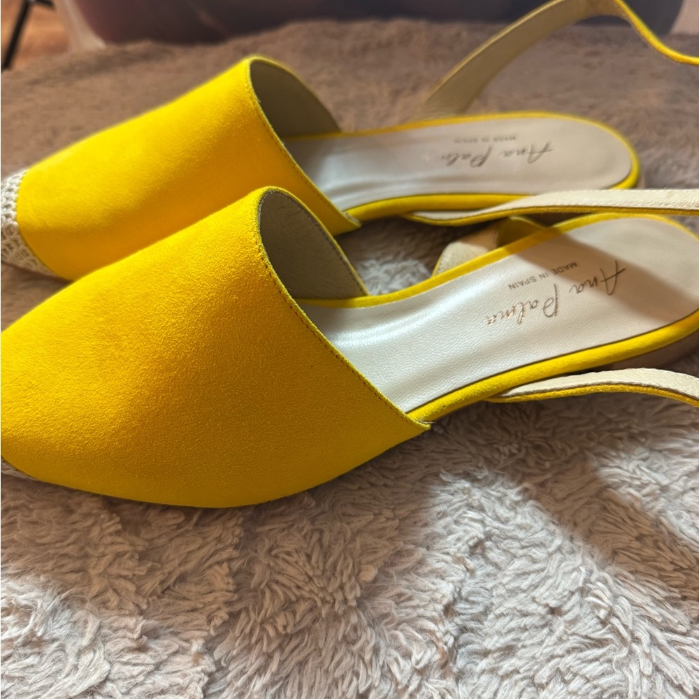Ana Palma Suede Leather Yellow Slingback Pointed Toe Flat Sandals Size 9.5-10 - Picture 8 of 9
